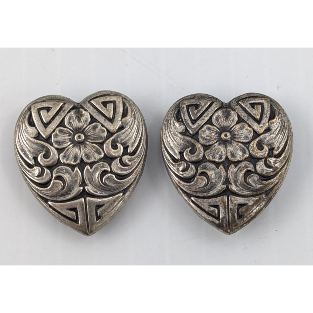 Vintage Silver Tone Metal Embossed Floral Heart Button Cover Set of 2 Lot